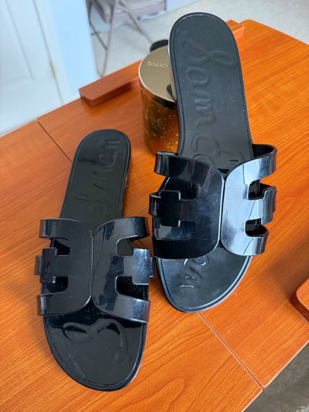 Black Patent Slide Sandals - Women